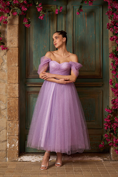 Lenta Moda Lila Simli Drapeli Midi Boy Kemer Detaylı Transparan Abiye ve Gece Elbisesi