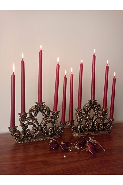 BilgeCe hoMe Dekoratif 5' Li Şamdan Seti, Beşli Şamdan Seti, Gold Şamdan, Eskitme Şamdan, Polyester Heykel