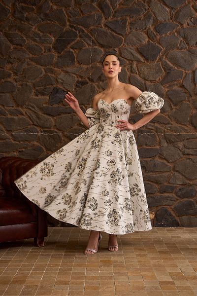 Lenta Moda Ecru Brocade Patterned Midi Evening Dress - Engagement Dress