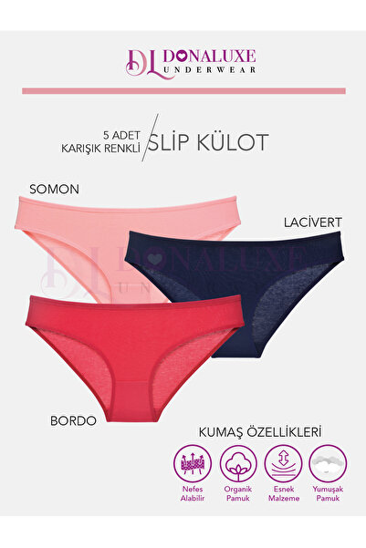 Donaluxe Navy Blue Salmon Claret Red Cotton Soft Bikini Panties - Pack of 5 Women's Slip Panties
