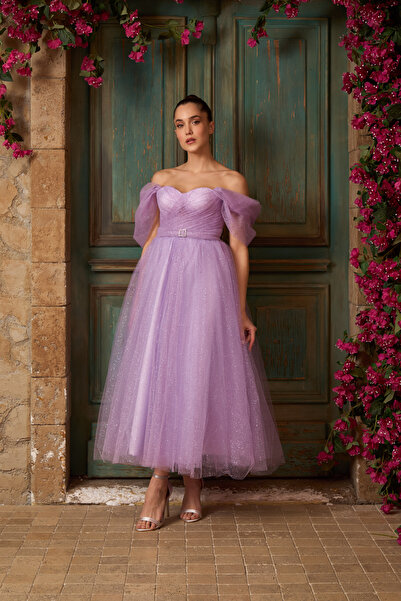 Lenta Moda Lila Simli Drapeli Midi Boy Kemer Detaylı Transparan Abiye ve Gece Elbisesi