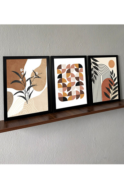 Linacci LİNWOOD Üçlü Çerçeveli MDF Baskı Natural Çiçek Yaprak Lamine Siyah Çerçeve