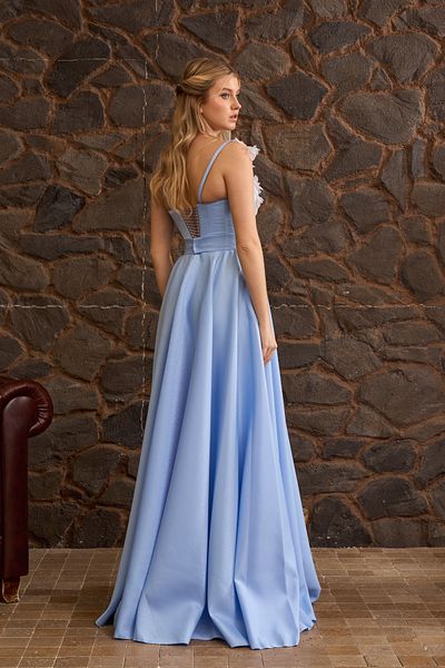 Lenta Moda Ice Blue Maxi Length Satin Evening Dress - Three Dimensional Lace Detailed Evening Gown