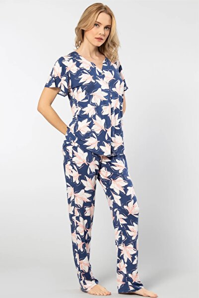 TÜREN Women's Knitted Pajama Set - Placket, Short Sleeve, 95% Viscose/5% Elastane