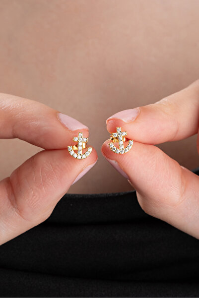 Nereze 925 Ayar Gümüş Gold Kaplama Minik Zirkon Taşlı Gemi Çapası Küpe