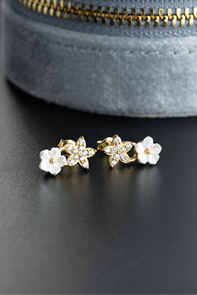 Nereze 925 Ayar Gümüş Gold Kaplama Minik Manolya Çiçeği Yıldız Küpe