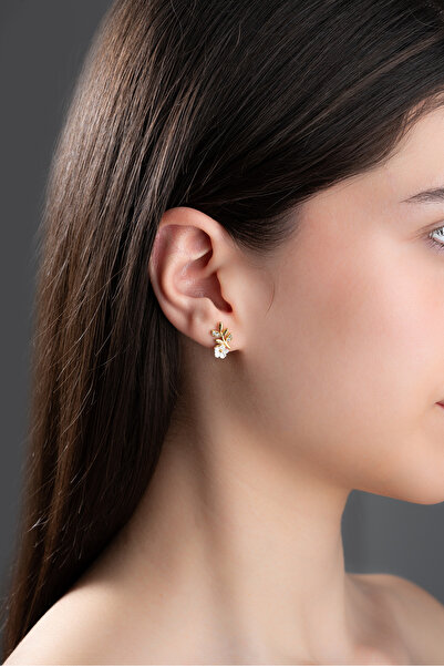 Nereze 925 Ayar Gümüş Gold Kaplama Minik Manolya Çiçeği Zeytin Dalı Küpe