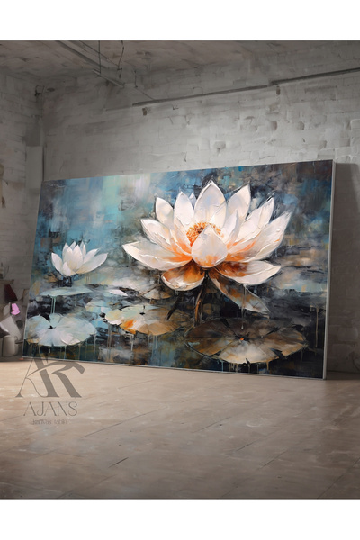 AR AJANS KANVAS TABLO Λευκό Λουλούδι Lotus - Διακοσμητικός Πίνακας Καμβάς Νερ...