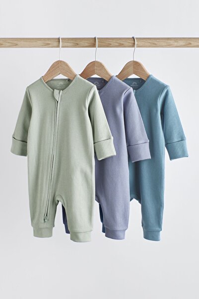 Next Baby % 100 Pamuklu Mint / Mavi Ribanalı Ayaksız 3’lü Tulum Set