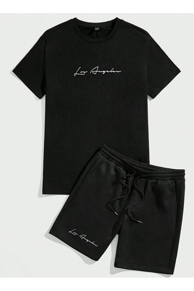 BETİLİNA LOS Printed Unisex Black Shorts and T-shirt Set