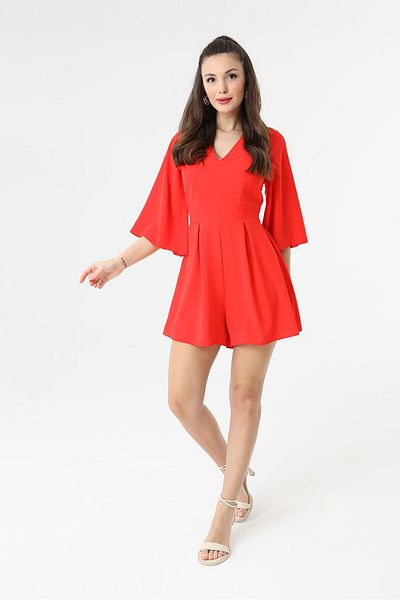 RURIS Women's Red Waisted Belt Tie-Detailed V-Neck Short Shorts Jumpsuit