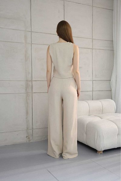 GALAVİP Stone Sofia Linen Vest and Trousers Set with Pockets
