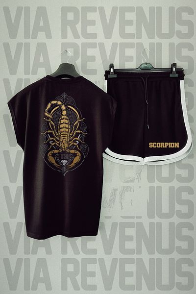 Vordevia Scorpion Printed Black Sports Set - Zero Sleeve T-Shirt and Shorts
