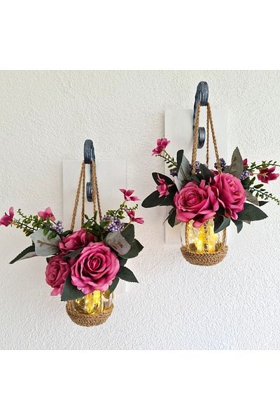 STDEKOR Wall Decoration, White Sconce with LED Lights, Fuchsia Rose Flowers, Set of Two