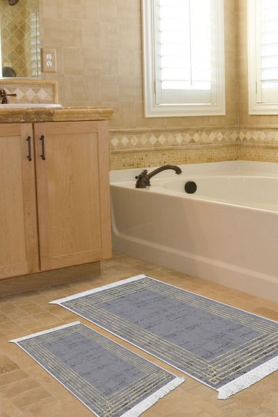 Dekoreko Digital 2-Piece Bath Mat Set Trend Felt Non-Slip Base Fringed Modern Shelbi Anthracite