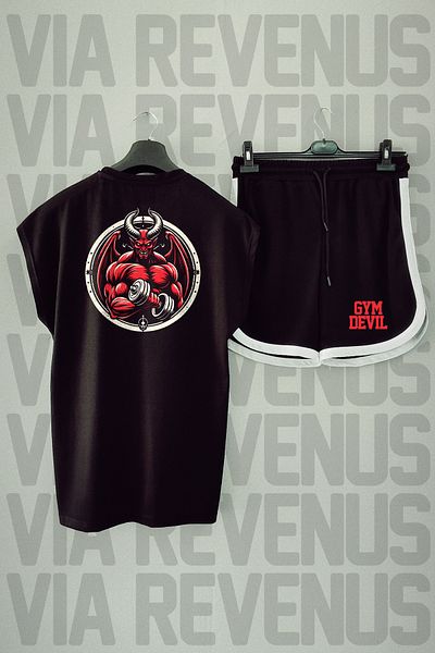 Vordevia Black Gym Devil Printed T-Shirt and Shorts Sports Set - Zero Sleeve