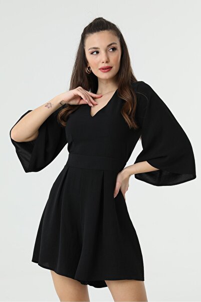 RURIS Kadın Siyah Belde Kuşak Bağlama Detaylı V Yaka Kısa Şort Tulum