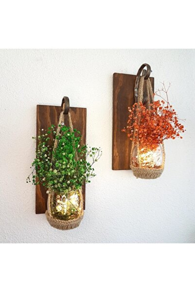 STDEKOR Yeşil Ve Turuncu Cipso Çiçekli, Led Işıklı Ceviz Dekor Ikili Set