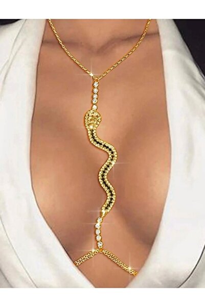 Estilo Lingerie Kristal Siyah Taşlı Gold Kaplama Yılan Vücut Aksesuarı Göğüs ...