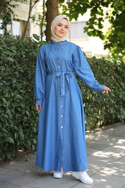 Pamuk Butik Γυναικείο τζιν φόρεμα με μαργαριτάρι λεπτομέρεια στο γιακά
