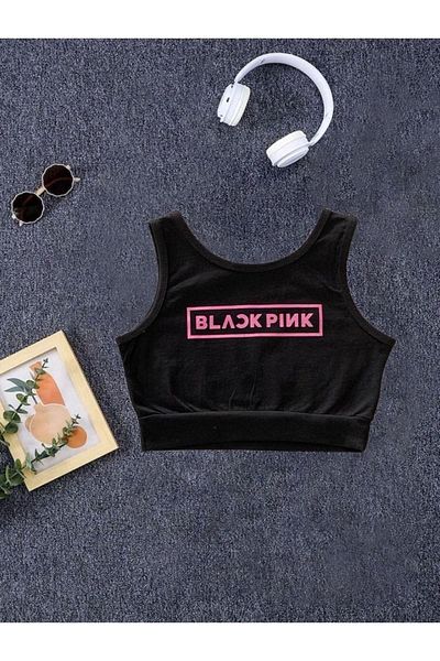 Machetta Imprimat Blackpink - Bluză neagră cu bretele groase pentru fetiță
