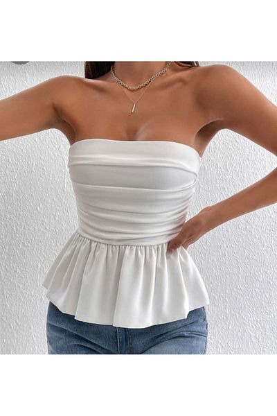 Nsb Tasarım White Strapless Drawstring Crop