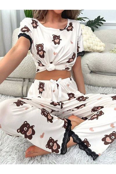 BLACK Set pijamale pentru femei cu gât rotund cu imprimeu urs - mâneci scurte și pantaloni lungi