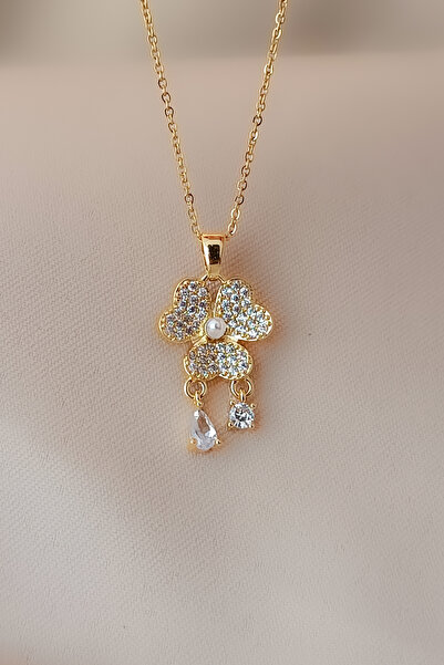 COSİTA İnci Yonca Zirkon Taş Sallantı Kristal Tektaş Gold Çelik Kolye