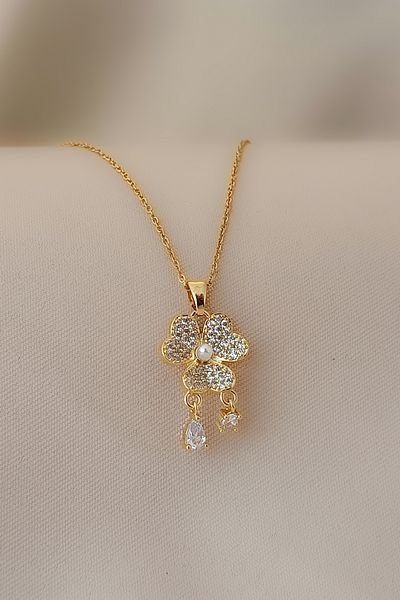 COSİTA Gold Steel Necklace - Pearl Clover Zircon Stone, Dangle Crystal Solitaire