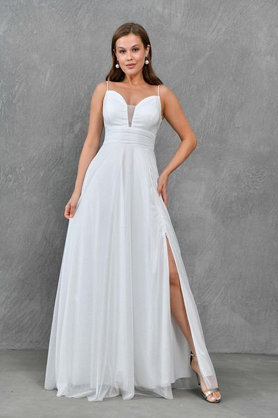 WOMAN VISION V-Neck Glittery Maxi βραδινό φόρεμα - Ρυθμιζόμενο φερμουάρ και λεπτομέρεια σκίσιμο 39641