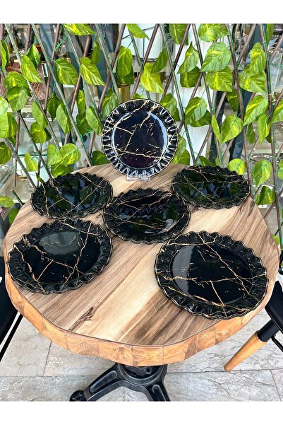 GÜRCÜGLASS Black Marble 17 Cm Dessert Plate Set