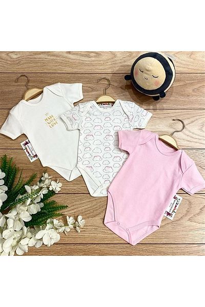 Renkli Puset 3-Piece Cotton Baby Bodysuit and Bodysuit Set - Short Sleeve, Cloud Design