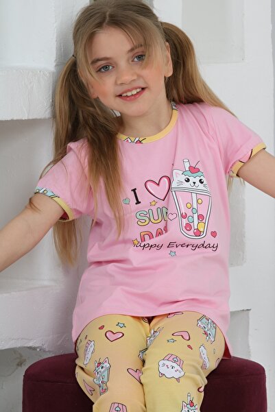 KAPİKİDS Пижамен комплект с къс ръкав и розов принт сладолед за момичета