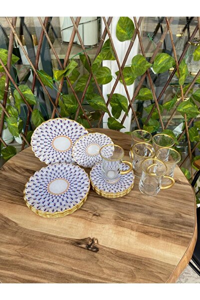 GÜRCÜGLASS Mücevher Desenli Kıvrımlı 18 Parça Çay Keyfi Seti