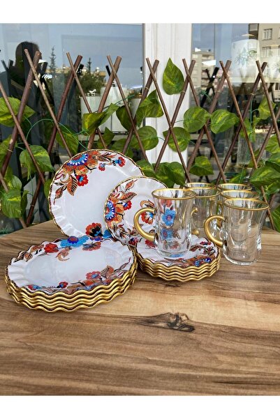 GÜRCÜGLASS Çay Keyfi Beyaz Çiçek 18 Prç Kulplu Set