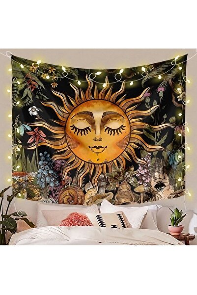 GREENDECOR Soarele arzător, flori vintage, plante și frunze, tapet de perete hippie mistic, artă de perete