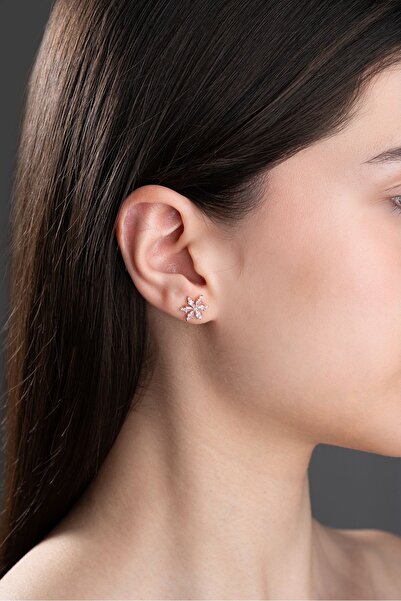 Nereze 925 Ayar Gümüş Pembe Taşlı Kamelya Çiçeği Küpe