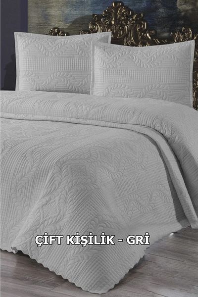 Çt Çeyizci Tekstil Double Lace-Free Bedspread 3 Pieces - Gray Bedspread