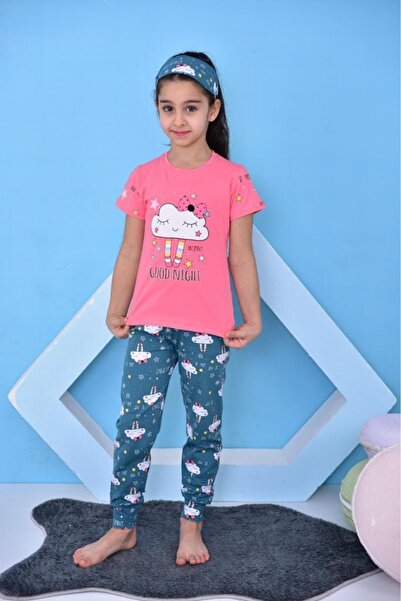 KAPİKİDS Oblačić boje nara Štampano Komplet pidžama za devojčice sa kratkim r...