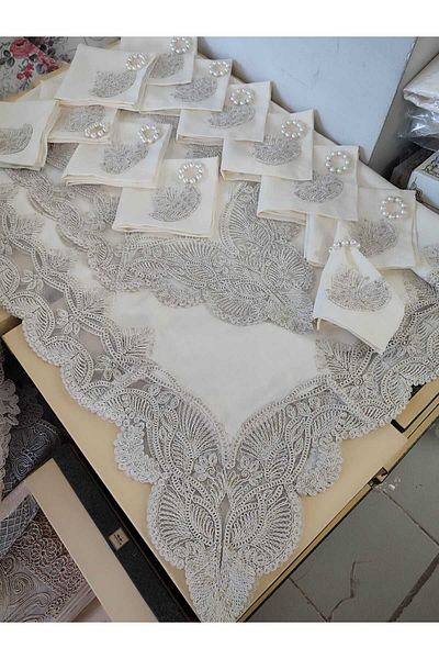 Çt Çeyizci Tekstil Table Cloth Set 26 Pieces Luxury 12 Seater Table Cloth Set Cream