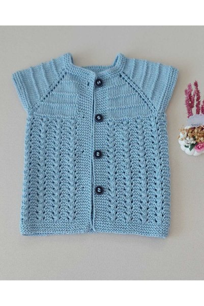 BEGİN Baby Booties Vest Organic Cotton Hand Knitted Blue Double Set