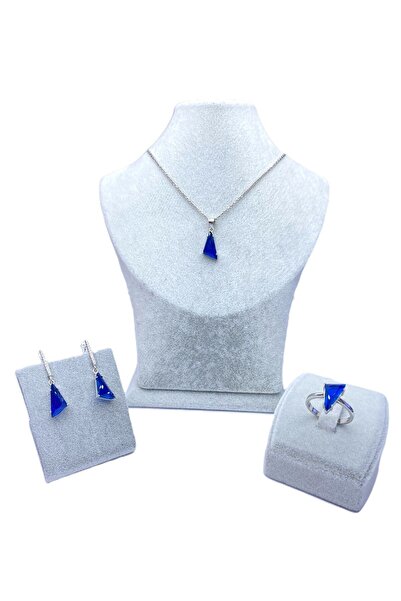 ERU JEWELLERY Üçgen Kesim Doğal Tanzanit Taşı Gümüş Takı Seti - 925 Ayar Gümüş Doğum Günü Hediyesi