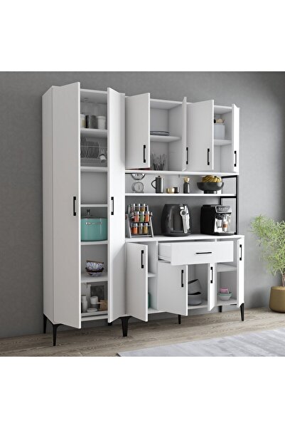 Tanmob MDL0601 Alt Üst Çift Kapılı Çok Amaçlı Dolap 8 Kapaklı Çekmeceli Raflı Beyaz