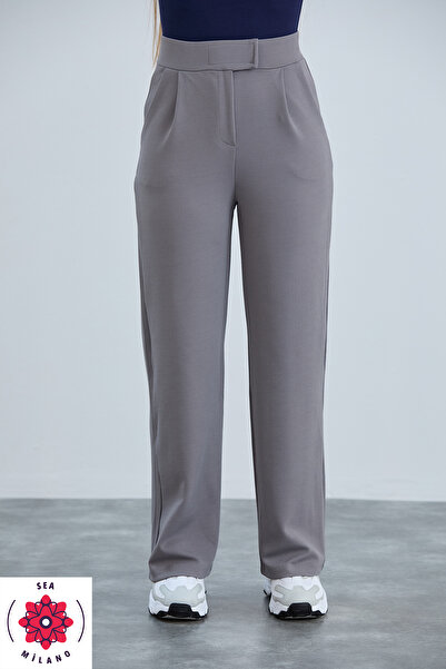 sea milano Kadın Gri Cırt Cırtlı Kapama Rahat Palazzo Likralı Esnek Beli Lastikli  Pantolon Yüksek Bel