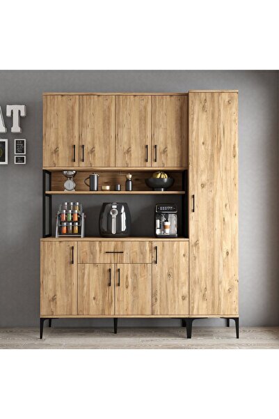 Tanmob MDL0502 Alt Üst Tek Kapılı Çok Amaçlı Dolap 8 Kapaklı Çekmeceli Raflı Çam