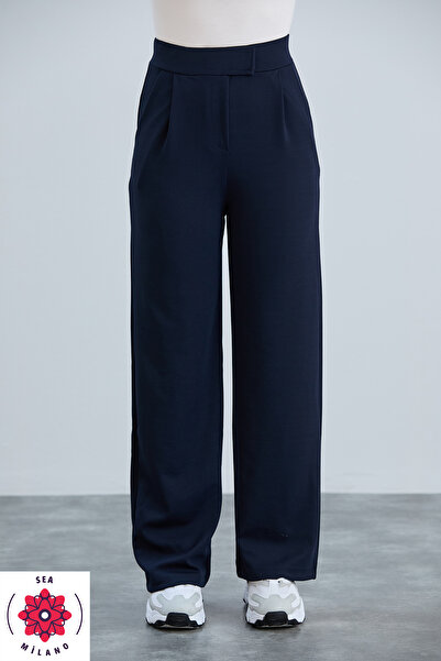 sea milano Kadın Lacivert Cırt Cırtlı Kapama Rahat Palazzo Likralı Esnek Beli Lastikli  Pantolon Yüksek Bel