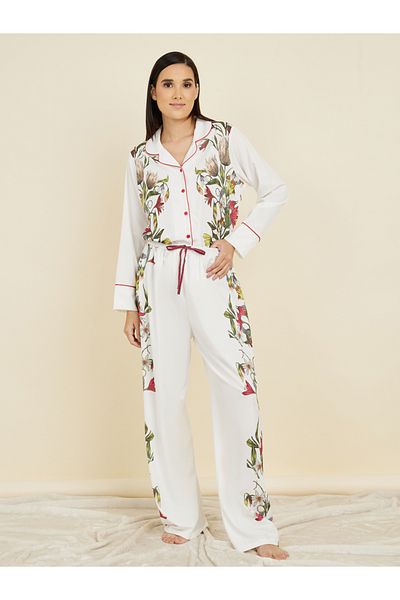 Styli Satin Floral Print Piped Trim Detail Shirt and Pyjama Set