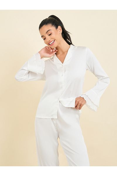 Styli Plisse Cuff Detail Satin Shirt & Pyjama Set