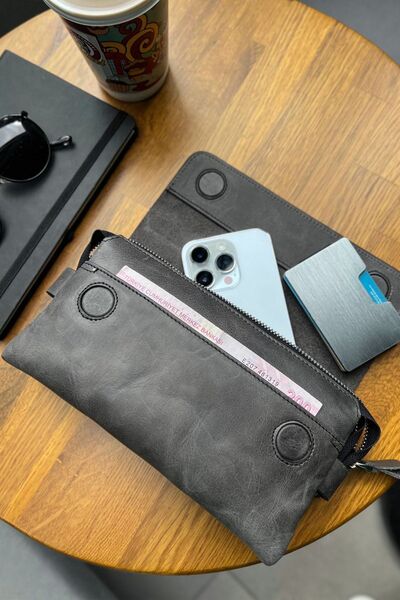 Noppa Hakiki Deri Unisex Çanta Fermuarlı Telefon Bölmeli Antrasit Deri El Çantası