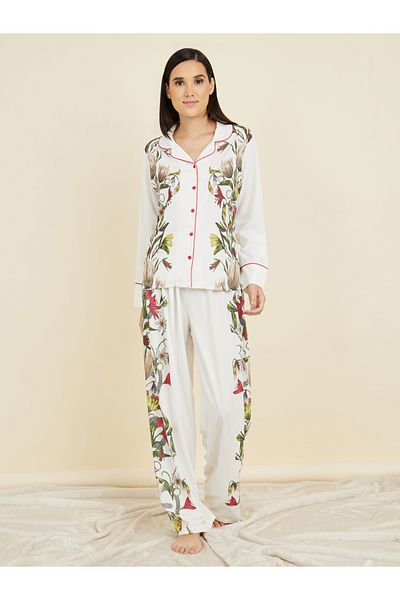 Styli Satin Floral Print Piped Trim Detail Shirt and Pyjama Set